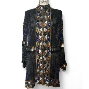 Agustres Impressions Sequin Beaded Embellished Jacket Art Deco Style Coat XL